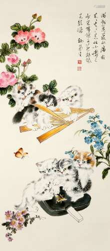 A CHINESE CAT GROUP PAINTING SCROLL, SUN JUSHENG MARK