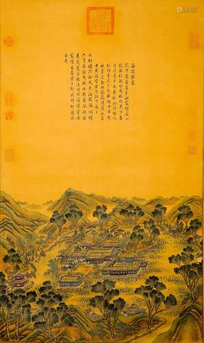 A CHINESE IMPERIAL PAVILION PAINTING AND CALLIGRAPHY