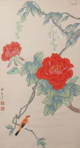 A CHINESE PEONY AND BIRD PAINTING SCROLL, MEI LANFANG MARK