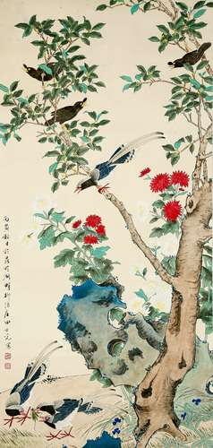 A CHINESE FLOWER AND BIRD PAINTING SCROLL, TIAN SHIGUANG MAR...