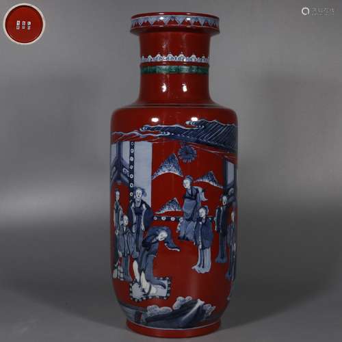 A SACRIFICIAL RED GLAZE FIGURE ROULEAU VASE