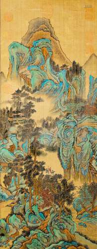 A CHINESE LANDSCAPE AND FIGURE PAINTING SCROLL, QIU YING MAR...