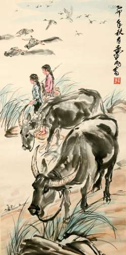 A CHINESE FIGURE AND BULL PAINTING SCROLL, HUANG ZHOU MARK