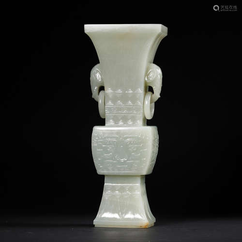 Chinese White Jade Carved Gu Vase