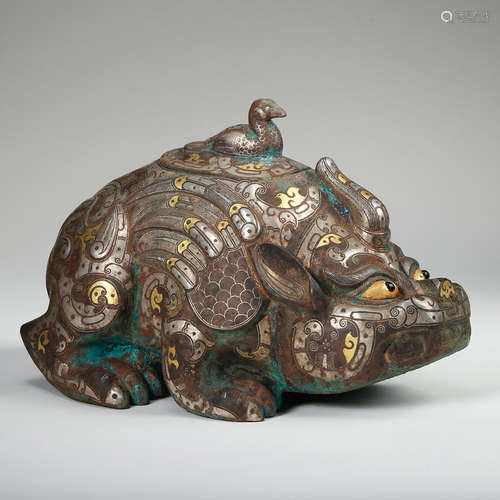 Chinese Bronze Beast With Gold And Silver Inlaid