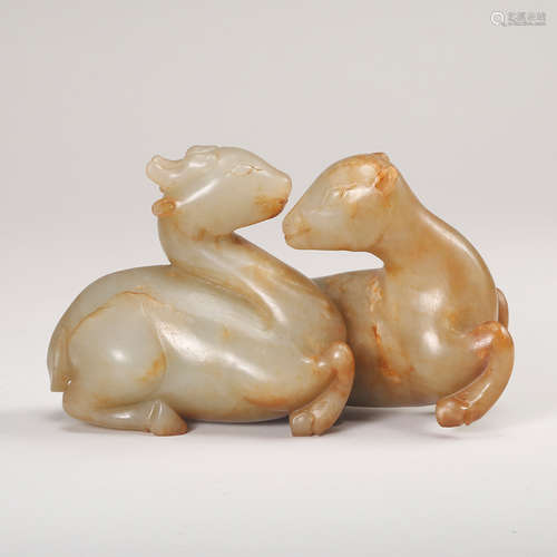 Chinese Jade Carved Two Deer