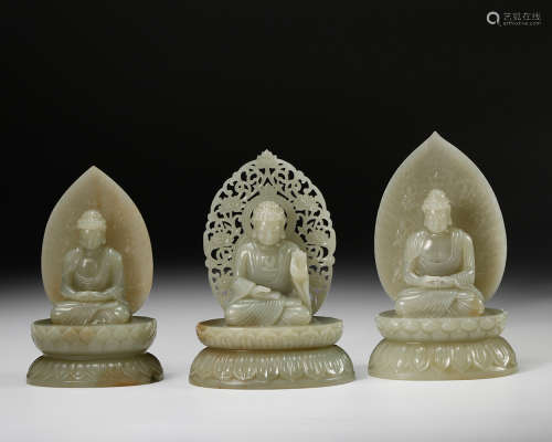 Chinese Set Of 3 Celadon Jade Buddha