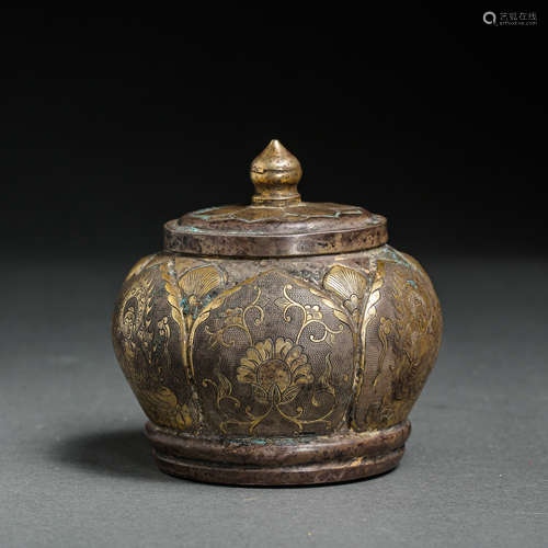 CHINESE TANG DYNASTY PURE SILVER PARTIALLY GILT LID POT