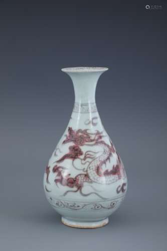 Jade pot spring vase with red dragon pattern in glaze