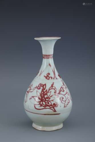 Jade pot spring vase with red flowers in glaze