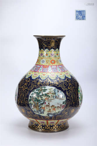 Enamel and blue jade pot spring vase with gold zodiac