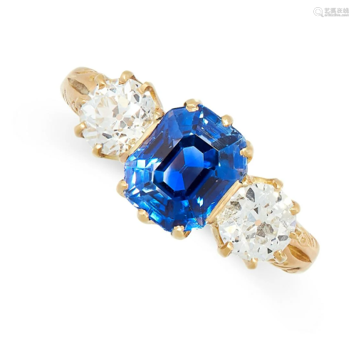 A CEYLON NO HEAT SAPPHIRE AND DIAMOND RING set with an