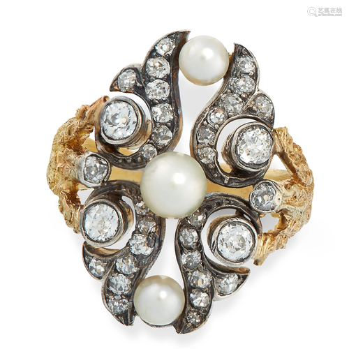 A DIAMOND AND PEARL RING in yellow gold and silver, the