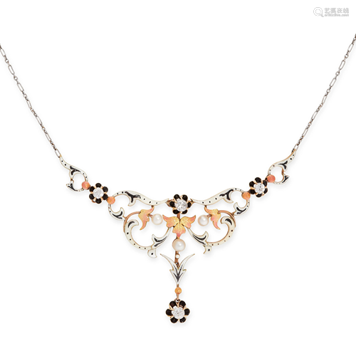 AN ANTIQUE DIAMOND, PEARL AND ENAMEL NECKLACE of