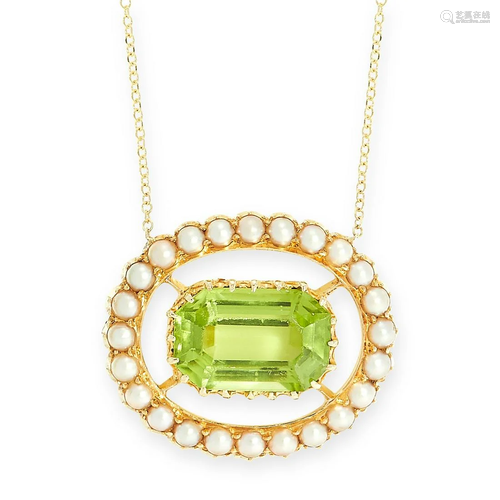 A PERIDOT AND HALF PEARL PENDANT claw-set with a