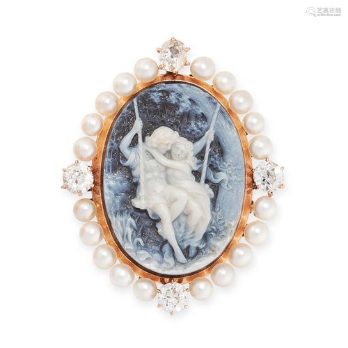 AN ANTIQUE CAMEO, PEARL AND DIAMOND BROOCH / PENDANT,