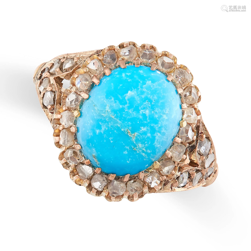 AN ANTIQUE TURQUOISE AND DIAMOND RING in yellow gold,