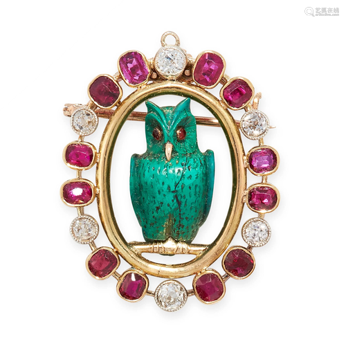 AN ANTIQUE RUBY, DIAMOND AND MALACHITE OWL PENDANT /