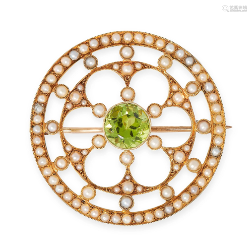 AN ANTIQUE PERIDOT AND PEARL BROOCH in yellow gold, of