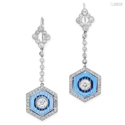 A PAIR OF DIAMOND AND BLUE GLASS EARRINGS the hexagonal