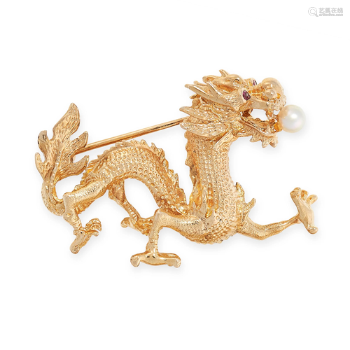 A PEARL AND RUBY CHINESE DRAGON BROOCH in yellow gold,