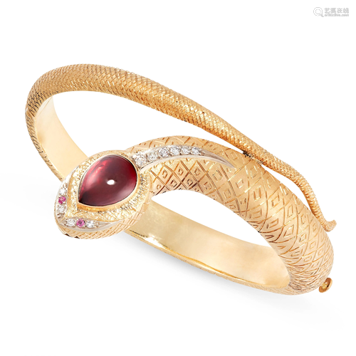 A GARNET, DIAMOND AND RUBY SNAKE BANGLE in 18ct yellow