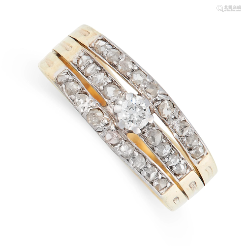 AN ANTIQUE DIAMOND RING in yellow gold, the trifurcated