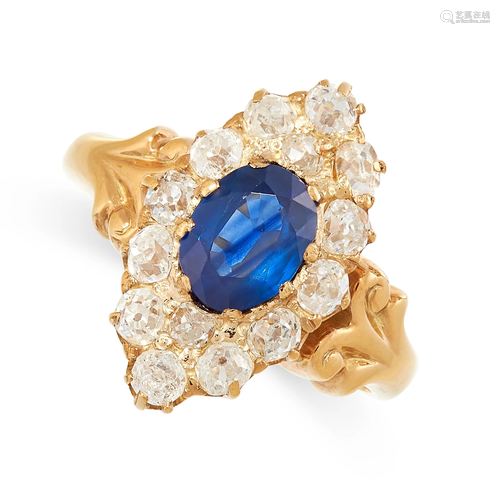 A SAPPHIRE AND DIAMOND RING in yellow gold, the navette