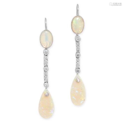 A PAIR OF OPAL AND DIAMOND EARRINGS each set with a