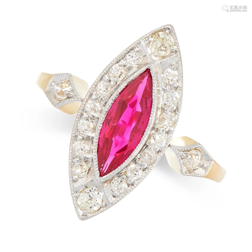 A SYNTHETIC RUBY AND DIAMOND RING in yellow gold, set