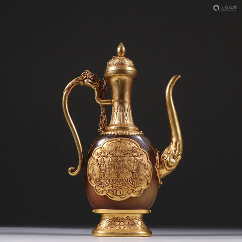 CHINESE GLIT BRONZE AGATE WINEPOT