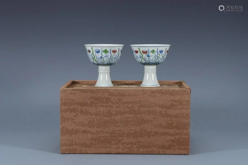 PAIR OF CHINESE DOUCAI GLAZED STEM CUPS,CHENGHUA M…