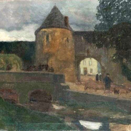 Anonymous painter c. 1900, city gate with nuns and a swinehe...