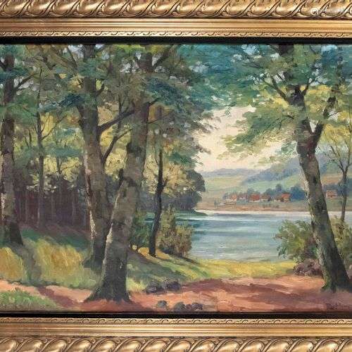Unidentified painter c. 1900, large river landscape, oil on ...