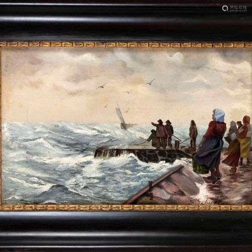 F. Schütz, marine painter c. 1900, fishermen stand anxiously...