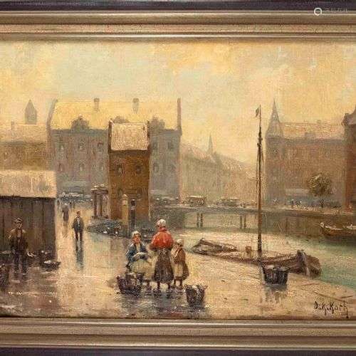 Oskar Koch, veduta painter around 1900, Dutch city view with...
