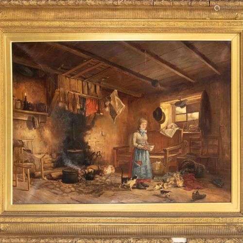 T. Fael, genre painter of the 19th century, peasant parlor w...