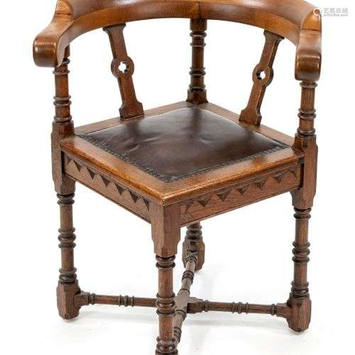 Triangle chair around 1900, solid oak, brown leather upholst...