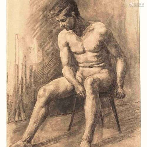 Academic nude drawing of a sitting man, charcoal on sand-col...