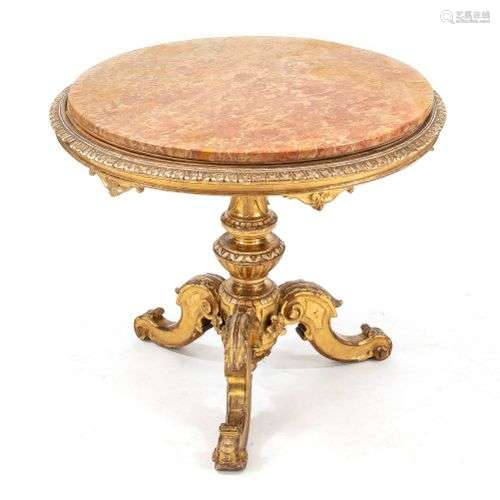 Round historicism table around 1880, carved and gilded frame...