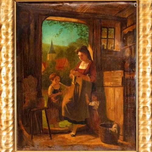 Genre painter mid-19th c., crocheting mother with two childr...