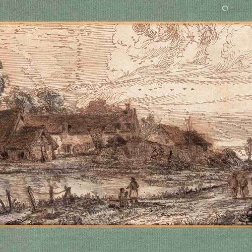 Unidentified artist around 1800, farmstead at the river with...