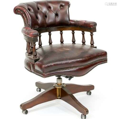 English desk chair, 20th c., solid mahogany, burgundy goatsk...