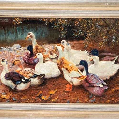 A. Rutz, duck painter 2nd h. 20th c., ducks on the bank of t...