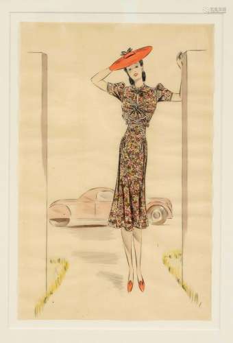 Fashion illustrator c. 1930, two fashion drawings, watercolo...