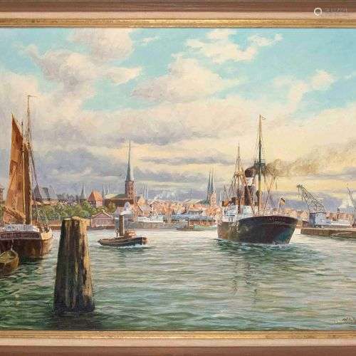 Wilhelm Hoffmann (1897-1986), large view of Lübeck harbor, o...
