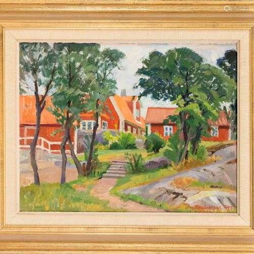 Albert Larsen (1885-1957), Village idyll, oil on panel, sign...