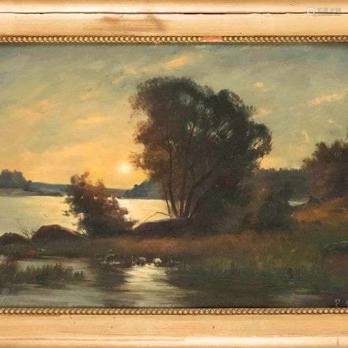 E. Axelsson, mid-20th century, Sunset at the lake, oil on ca...