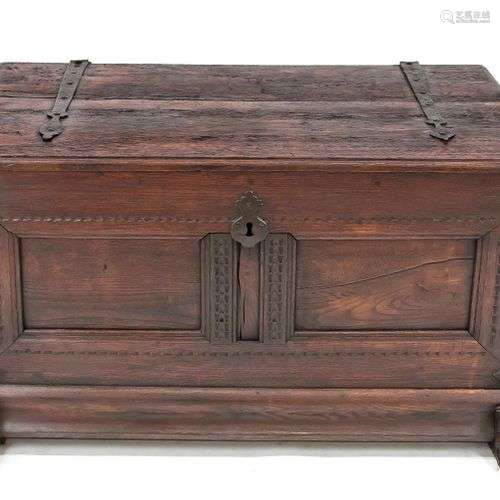 Baroque flat-lidded chest, 18th century, solid oak, forged h...