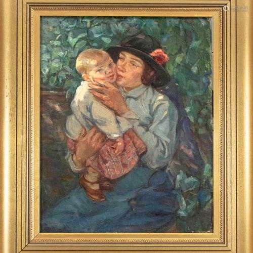 Anonymous painter c. 1910, young mother with toddler in summ...